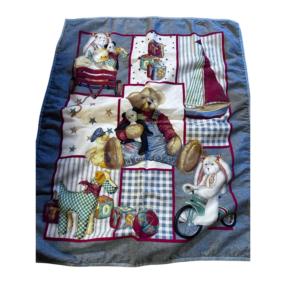 Vtg Jean Teddy Bear Bunny Patchwork Quilt Blanket Blue Multi Kids Nursery